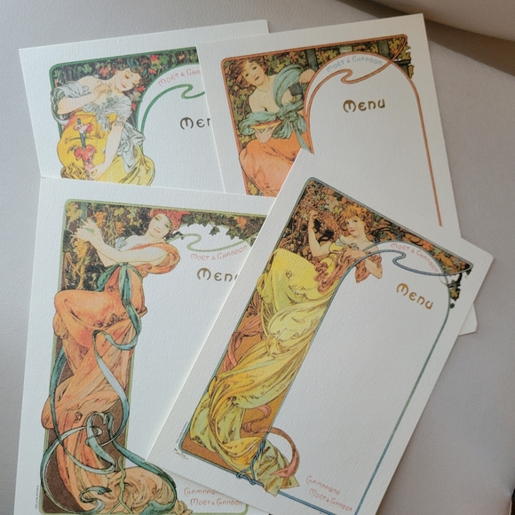 Mucha Other - Art Nouveau Alphonse Mucha Menu Cards Set (4) ~ Elegant ~ Moët & Chandon Ad